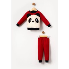 Bubito Panda Görselli Bebek & Çocuk Polar Kışlık Alt Üst Takım-Kırmızı