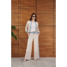 Caddebostan Moda Krem-Mavi Kot Detay Dantel Pantolon Modern Premium Luxury Trend Tasarım Pantolon