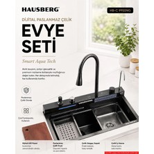 Hausberg Dijital Akıllı Evye Seti — 75X46 cm Şelale Bataryalı, LED Sıcaklık Göstergeli, Bal Peteği Tabanlı Paslanmaz Çelik Teknolojik Mutfak Evyesi,7+1 Fonksiyonlu, Aksesuarları Dahil