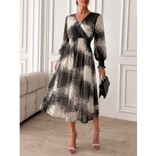 Mass Fashion Kadın Desenli Beli Lastikli Uzun Kollu Şık Elbise
