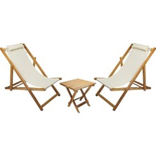 Asitan Ahşap Katlanabilir Taşınır Şezlong. Plaj, Bahçe, Teras, Balkon Şezlongu. 3 Lü Set (Krem)
