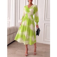 Mass Fashion Kadın Desenli Beli Lastikli Uzun Kollu Şık Elbise