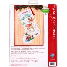 Asitan Kanaviçe Ren Geyiği ve Kirpi Kişiselleştirilmiş Noel Çorap Seti, Beyaz 14 Adet Aida, 40 cm