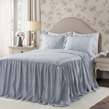 Asitan Ticking Çizgili Yatak Örtüsü Lacivert Vintage Şık Çiftlik Evi Tarzı Hafif 3 Parça Set King,