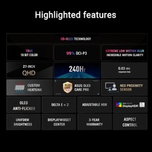 Asitan Rog Strix XG27AQDMES 26.5″ OLED 240Hz 0.03MS 2k Qhd Adaptive Sync Qd-Oled Pivot Gaming Monitör