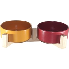 Asitan Kedi Mama Su Kabı Ahşap Standı ve Seramik Kasesi Yavru Evcil Hayvan Minimalist Design (Hardalkır