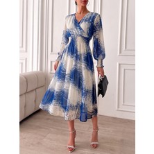 Mass Fashion Kadın Desenli Beli Lastikli Uzun Kollu Şık Elbise