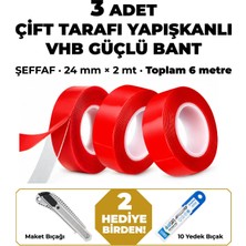 VHB Şeffaf Çift Taraflı Güçlü Bant 24 mm × 2 mt 3’lü Set – Maket Bıçağı ve 10 Yedek Uç Hediyeli
