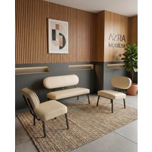 Azra Mobilya Luna 2+1+1 Deri Kumaş Ofis & Büro Iş Yeri Bekleme Koltuğu Takımı – Siyah Metal Iskelet - Krem