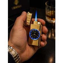Hace Bazaar Saatli Gazlı Çakmak Gold – LED Işıklı Turbo Alevli - Dolu Gönderim - Premium Hediye - Altın Rengi