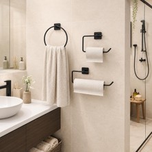 Asitan 3'lü Siyah Banyo Seti, Yapışkanlı ve Vidalı Montajlı Havluluk, Tuvalet Kağıtlığı, Yuvarla