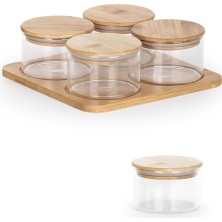 Asitan HF009006 Yuvarlak 4lü Hava Geçirmez Bambu Standlı Cam Kahvaltılık Seti Bambu Kapaklı Saklama K