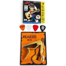 Asitan Alice A804 Akustik Gitar Telleri Sl ile Nemesis Gold Fc-75 Kapo ve 4'lü Pena Seti, Altın Renkli Ka