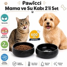 Asitan Seramik El Yapımı 2'li Kedi Köpek Mama ve Su Kabı Seti, 350 ml Kabartma Desenli Stoneware, Bpa �