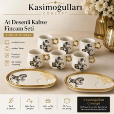 Asitan At Desenli Kahve Fincanı Seti, 12 Parça | 6 Kişilik, Altın Halka Kulp, Porselen Malzeme, Oval Ta