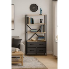 Asitan 4 Çekmeceli 4 Raflı Kitaplık Çalışma Odası Düzenleyici Metal Kitaplık Deri Çekmeceli Kitap