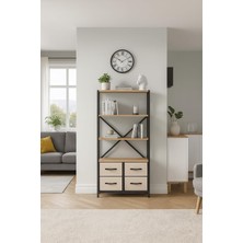 Asitan 4 Çekmeceli 4 Raflı Kitaplık Çalışma Odası Düzenleyici Metal Kitaplık Deri Çekmeceli Kitap