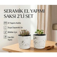 Asitan 2'li Seramik Saksı/dekoratif Kupa Seti Beyaz Siyah Desenli | Modern Dekoratif El Yapımı Tasarım