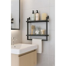 Asitan 40X20 cm Banyo Rafı, Duvara Monte Havluluk, 2 Katlı Dekoratif Düzenleyici Organizer, Siyah Metal