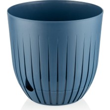 Asitan Çizgi Saksı Plastik Delikli Tabaklı Çiçek Saksısı (1 Adet, Mavi, 10 Litre)