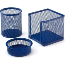 Asitan Mavi Perfore Metal Üçlü Set Kalemlik Ataşlık Küp Blok Desk Organizer