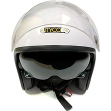 Asitan Citycoco Motosiklet Yarım Kask , Parlak Beyaz, Çift Vizörlü, Vintage Stil, Terletme Yapmaz Pedle