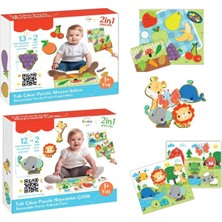 Asitan Tak Çıkar 2'li Puzzle Seti, Hayvanlar ve Meyve Sebze Temalı, Ahşap Eğitici Oyuncak, 3 Yaş ve �