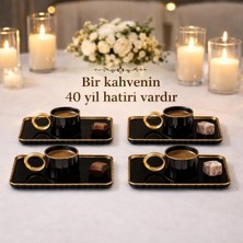 Asitan 6'li Gold Siyah Türk Kahvesi Fincan Seti – Altın Detaylı Kahve Yanı Tabaklı, Porselen Fincan