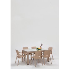 Asitan Rattan Large Lüx Camlı Cappucino Masa Takımı Bahçe&balkon 1 Camlı Masa + 6 Sandalye