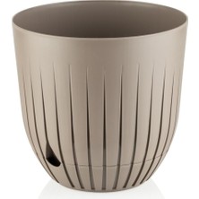 Asitan Çizgi Saksı Plastik Delikli Tabaklı Çiçek Saksısı (1 Adet, Kahverengi, 10 Litre)