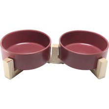 Asitan Kedi Mama Su Kabı Ahşap Standı ve Seramik Kasesi Yavru Evcil Hayvan Minimalist Design (Mürdüm,