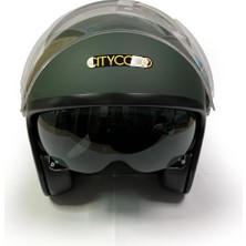 Asitan Motosiklet Yarım Kask , Mat Yeşil, Çift Vizörlü, Vintage Stil, Terletme Yapmaz Pedler -Xl Beden
