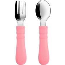 Asitan Silikon Saplı Paslanmaz Çelik Bebek Kaşık Çatal Seti (Açık Pembe)