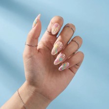 Tips Art Toz Pembe Çiçekli Gökkuşağı Desenli Badem Takma Tırnak Seti (24 Adet)