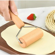 Asitan Yazıcı Ahşap Saplı Mini Merdane, Bambu Pizza Hamur Açma Rulosu, Paslanmaz Çelik, 9X16 Cm, 4.5
