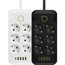 Asitan Akım Korumalı Priz Çoklayıcı - 2500W Grup Priz Uzatma Kablosu, Eu Priz Girişi, 4 USB ve 1 Type