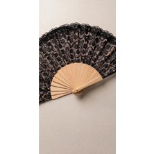 Asitan Dantel Detaylı Bambu Katlanır El Yelpazesi, Siyah, 43 x 23 Cm, Çiçek Desenli