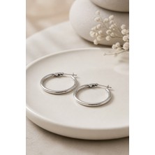 Lykos Gümüş Renk 28 mm Çelik Düz Klasik Halka Küpe - Minimalist Klipsli Halka Küpe