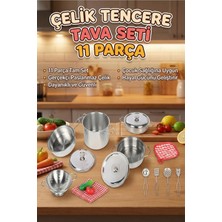 Asitan 11 Parça Metal Oyuncak Tencere Tava Seti - Paslanmaz Çelik Gerçekçi Evcilik Mutfak Oyun Seti