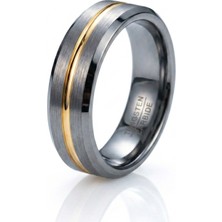 Celikchi Erkek Gümüş Renk Gold Çizgi Detay 6 mm Tungsten Yüzük