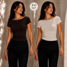 Hayalet 2'li Set Kadın Prenses Yaka Basic T-Shirt – Ultra Soft Premium Bluz - Fitted / Dar Kalıp
