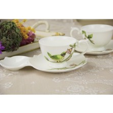 Asitan Bone China Kuş Desenli Çay Fincanı ve Tabağı Seti, El Yapımı, Beyaz 1 Kişilik Set