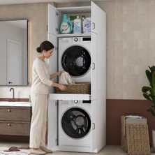 Rani Mobilya Rani KD145 Çamaşır Makinesi Dolabı 4 Kapaklı Çekmeceli Banyo Dolabı Beyaz