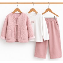 Babe By Dt Kız Çocuk Pembe Müslin Kapitone Ceket T-Shirt Pantolon 3'lü Takım