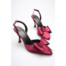 Zerenyus Dublin Premium Bordo Fiyonklu Saten Slingback Topuklu Ayakkabı