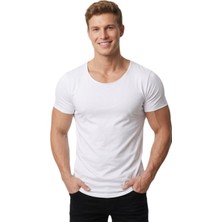 Rizzup Erkek Beyaz Slim Fit %90 Pamuk Açık Yaka Oval Kesim Likralı Basic Tişört 1801199