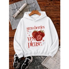 Oksit Sw Strawberries Yes, Please." Ön Baskılı Renkli Kadın Kapüşonlu Sweatshirt