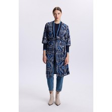 Zühre Desenli Kuşak Detaylı  Satin Indigo Hırka 0007
