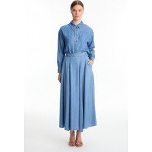 Zühre Yüksek Bel Cepli Denim Mavi Etek 0144