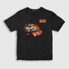 Presmono Unisex Çocuk Siyah Classic Car AC/DC T-Shirt